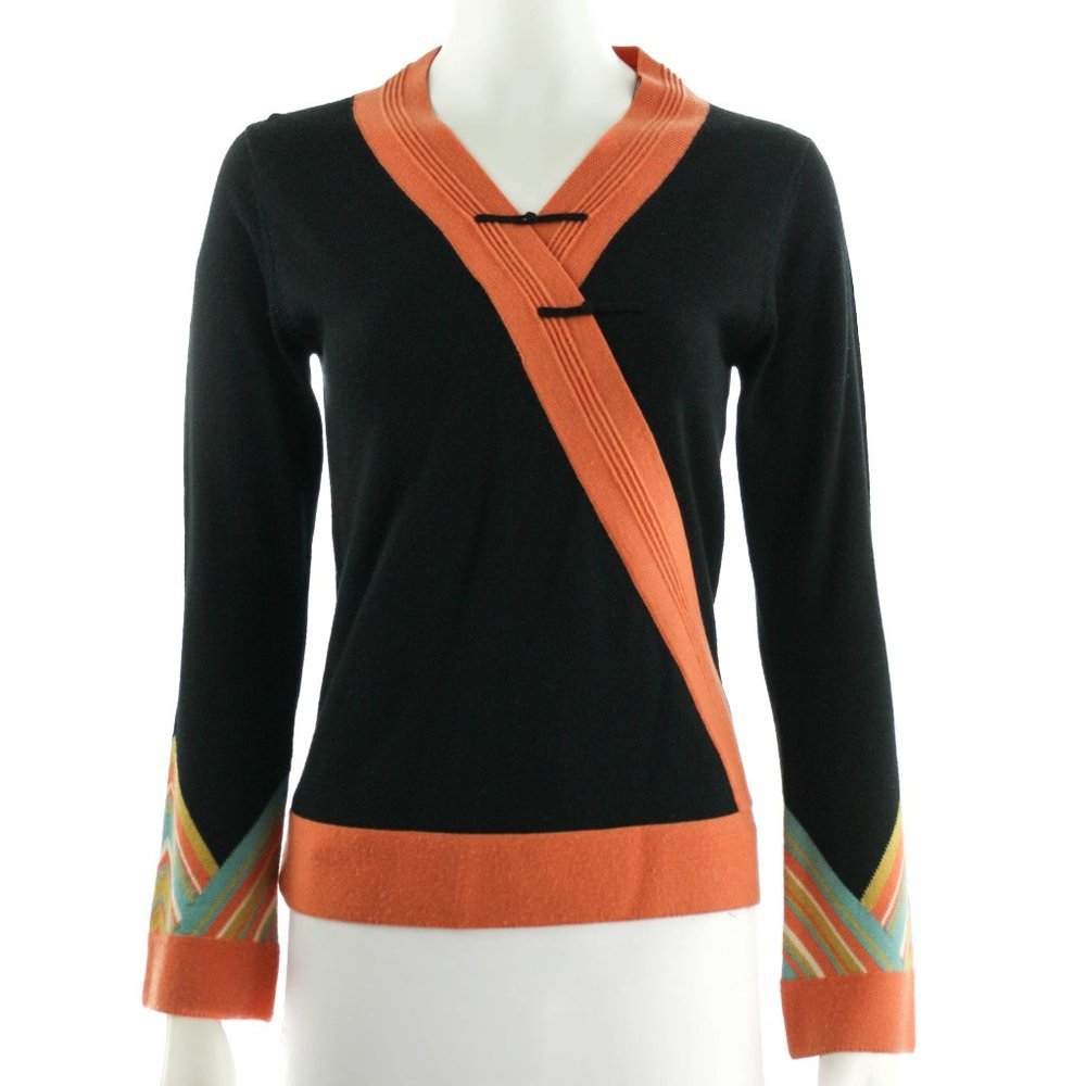 SHANGHAI TANG Wool Black & Orange Long Sleeve Knit Top Size Medium
